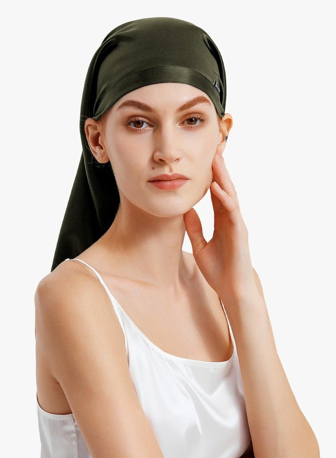 LilySilk 100% Silk Bonnet Mulberry 19 Momme Silk Sleep Cap Long for Curly Hair Night Cap for Sleeping, Silk Hair Wrap for Women Olive Green - Image 2