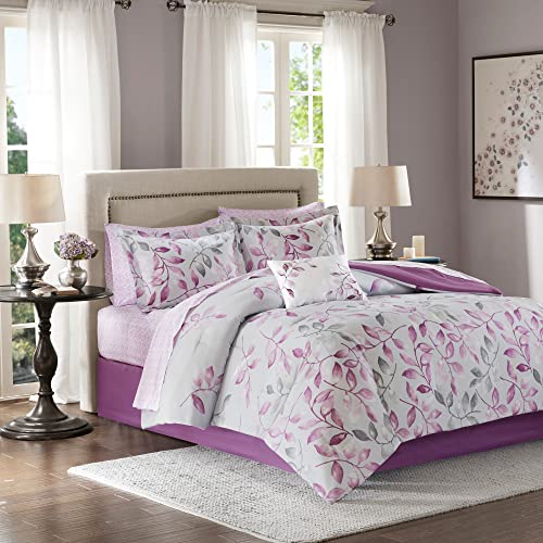 madison park Madison Park Essentials Cozy Bed In A Bag Comforter with Complete Cotton Sheet Set  Trendy Floral Design All Season Cover Decorative Pillow Queen90x90 Leaf Purple 9 Piece 