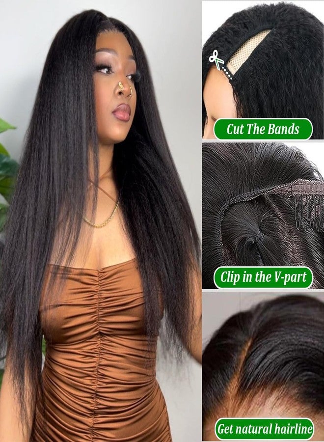 فوريفرمور باروكة شعر طبيعي من Forevermore Yaki Straight V Part، باروكة شعر طبيعي مجعد مستقيم Vpart للنساء ذوات البشرة السمراء، طول 16 بوصة، باروكة مطورة بدون غراء U Part، نصف باروكة بمشابك، كثافة 180%، لون طبيعي - Image 2