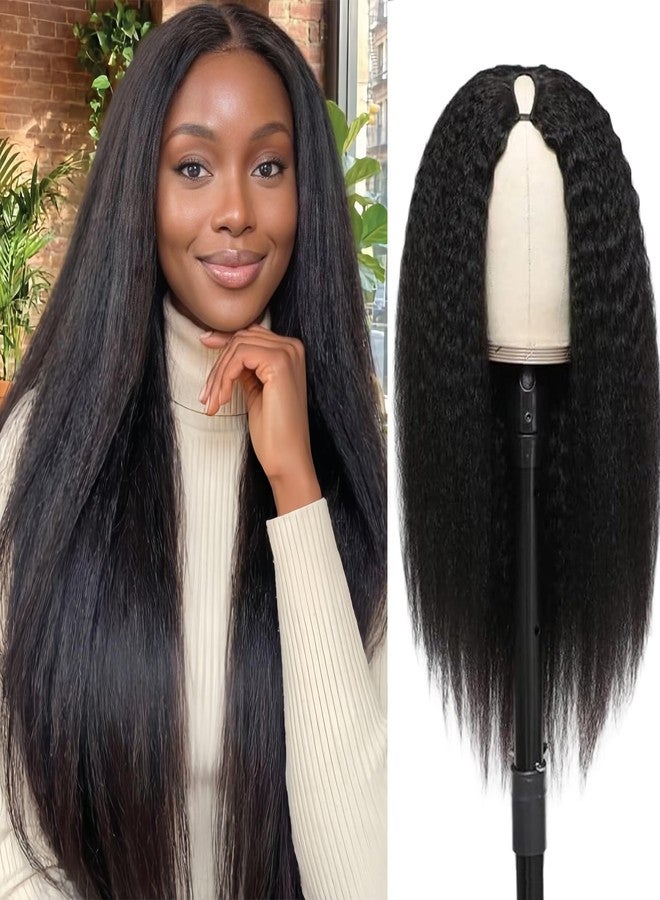 فوريفرمور باروكة شعر طبيعي من Forevermore Yaki Straight V Part، باروكة شعر طبيعي مجعد مستقيم Vpart للنساء ذوات البشرة السمراء، طول 16 بوصة، باروكة مطورة بدون غراء U Part، نصف باروكة بمشابك، كثافة 180%، لون طبيعي - Image 1