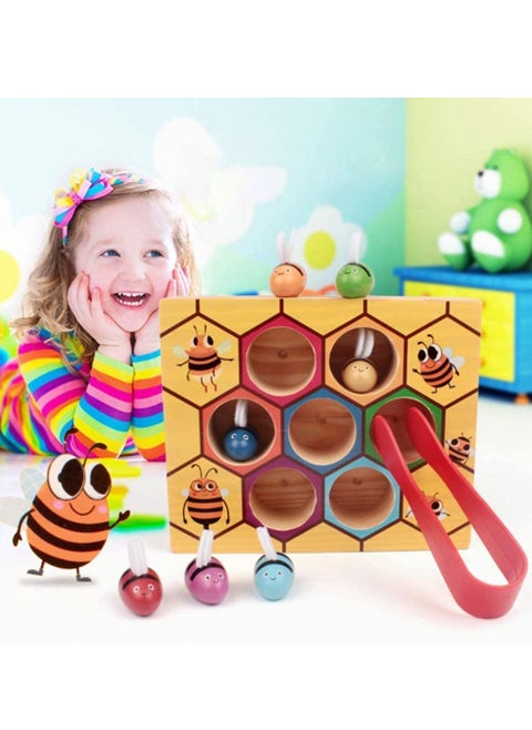 Wooden Clamp Bee to Hive Matching Color Sorting Puzzle Game Early Learning Preschool Fine Motor Skil Montessori Toy for 3 4 5 Years Old Kids