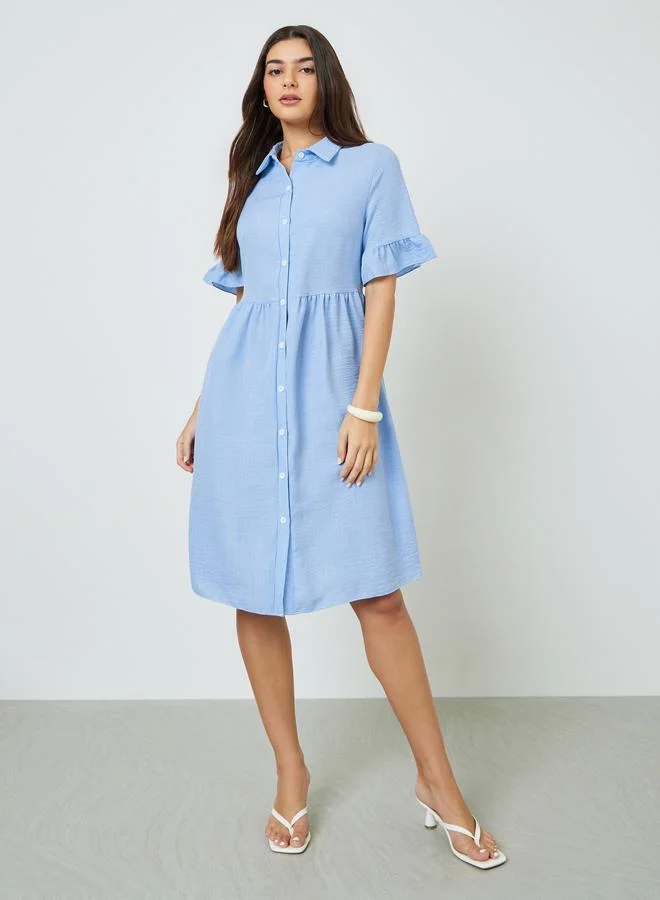 تايك تو Blue Ruffle Sleeves Shirt Knee-Length Dress