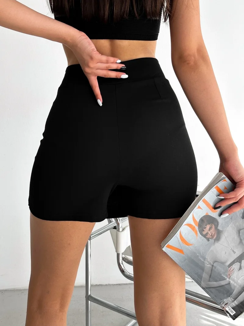 Fiolin Women's Black Front Slit Shorts Skirt