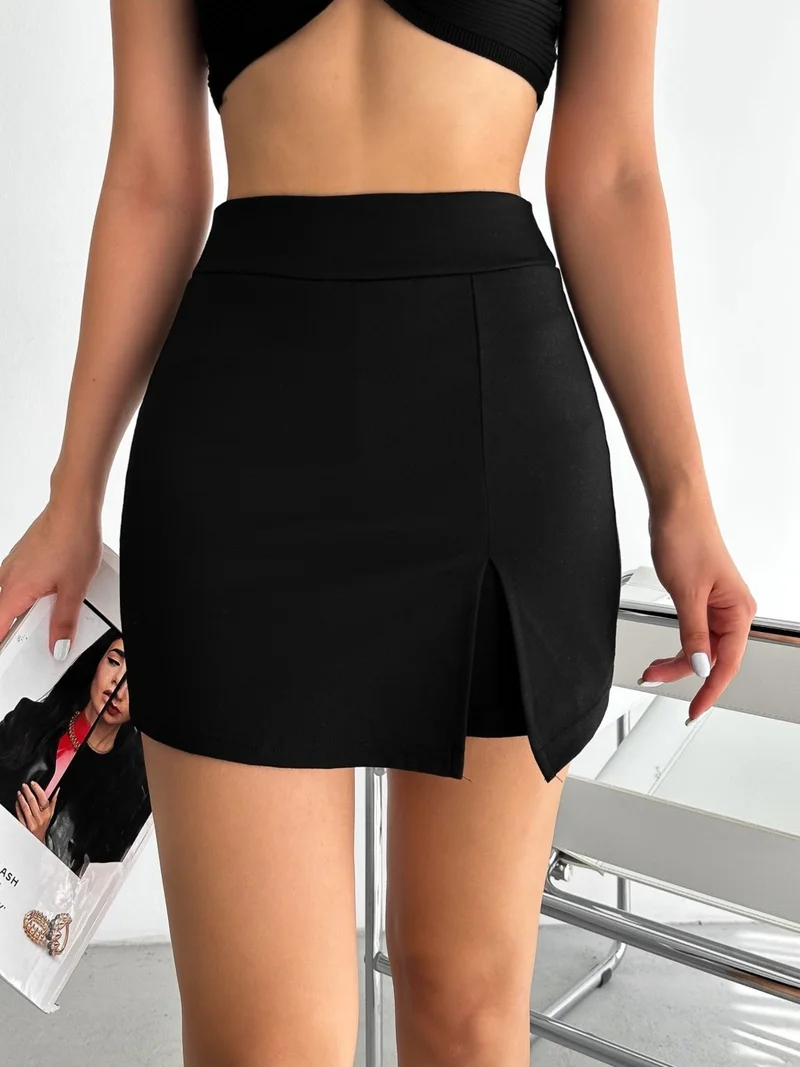 Fiolin Women's Black Front Slit Shorts Skirt