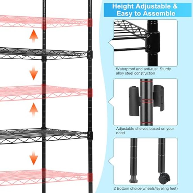 Whitmor 5 Tier Shelving Unit, Adjustable Storage Shelves With Wheels, Wire Shelving, 400 Lbs Capacity Per Shelf, Max 2000 Lbs Total For Laundry, Garage, Plant, 21" L X 12" W X 54" H, Black - Image 3