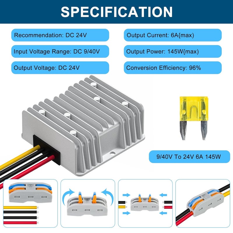 SUPERNIGHT 24V 145W DC-DC Converter Voltage Regulator, Step Down/Up 9V-40V to 24V 6A, Waterproof Module Power Supply for Golf Cart Accessories, Club Car - Image 2