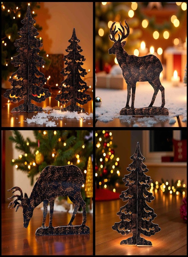 YULETIME 4-Piece Metal Christmas Reindeer and Tree Scene Silhouette Set, Winter Forest Deer & Spruce Landscape Holiday Tabletop Ornament - Image 5