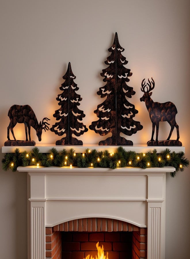 YULETIME 4-Piece Metal Christmas Reindeer and Tree Scene Silhouette Set, Winter Forest Deer & Spruce Landscape Holiday Tabletop Ornament - Image 3