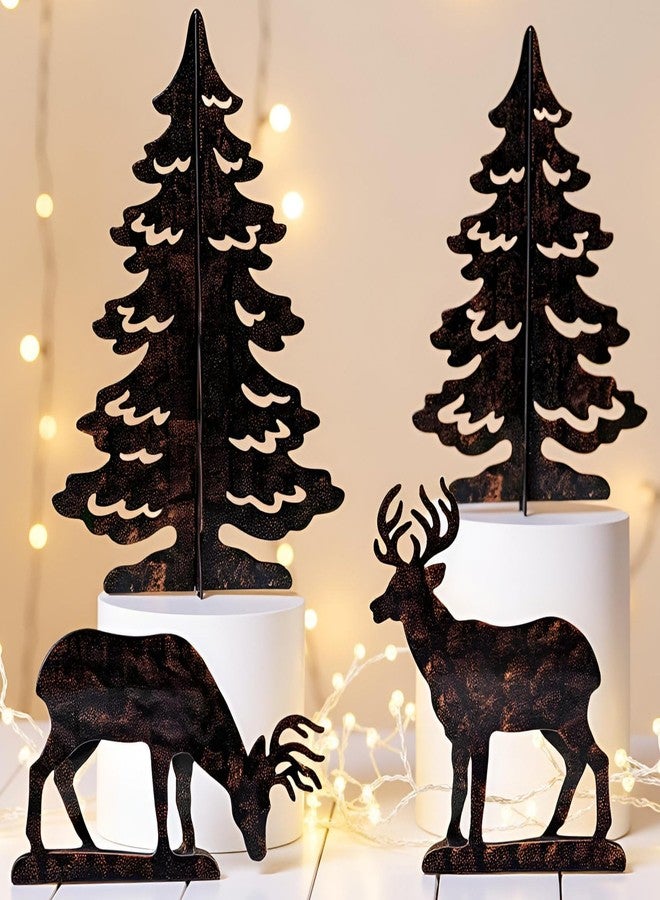 YULETIME 4-Piece Metal Christmas Reindeer and Tree Scene Silhouette Set, Winter Forest Deer & Spruce Landscape Holiday Tabletop Ornament - Image 1