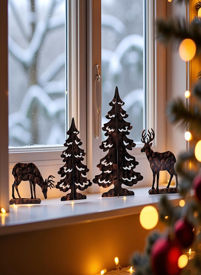 YULETIME 4-Piece Metal Christmas Reindeer and Tree Scene Silhouette Set, Winter Forest Deer & Spruce Landscape Holiday Tabletop Ornament - Image 2