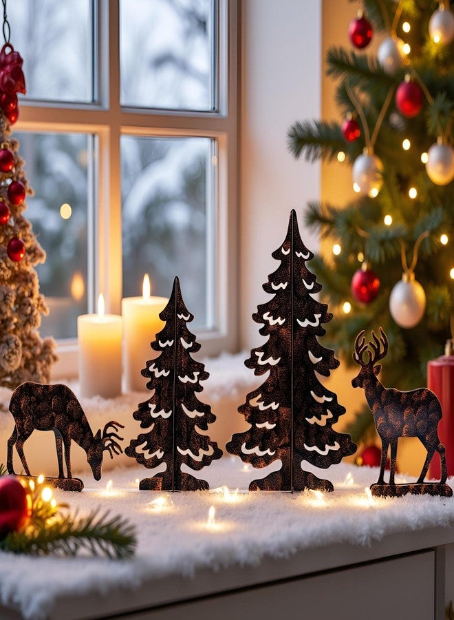 YULETIME 4-Piece Metal Christmas Reindeer and Tree Scene Silhouette Set, Winter Forest Deer & Spruce Landscape Holiday Tabletop Ornament - Image 4