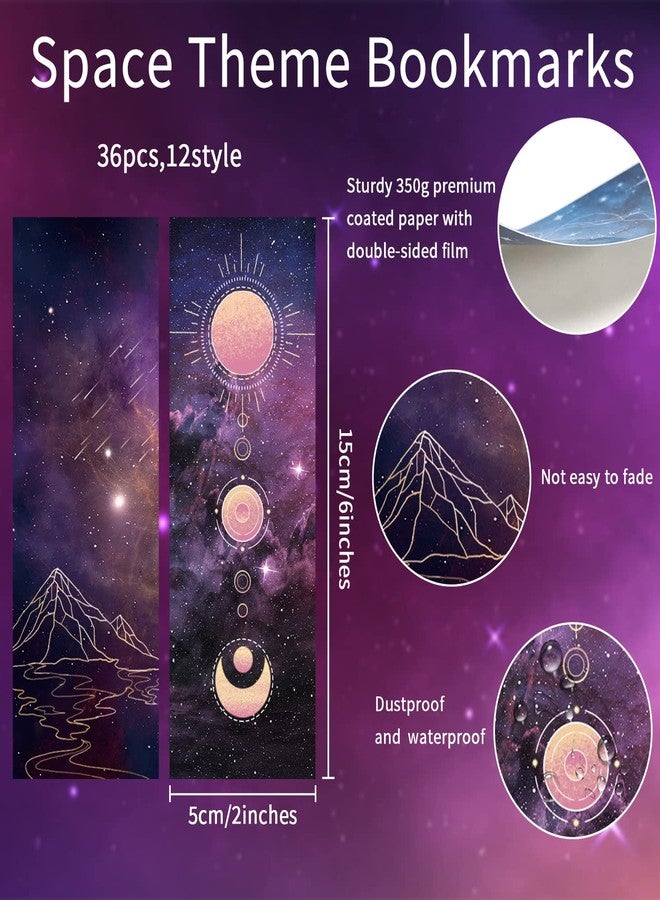 VOCHIC 36 Pieces Night Sky Bookmarks Bulk Bookmarks Double Sided Printing Cool Space Theme Bookmark, VBS Gift for Women, Men, Classroom Gifts Supplies, Book Lovers(6" x 1.96") - Image 2