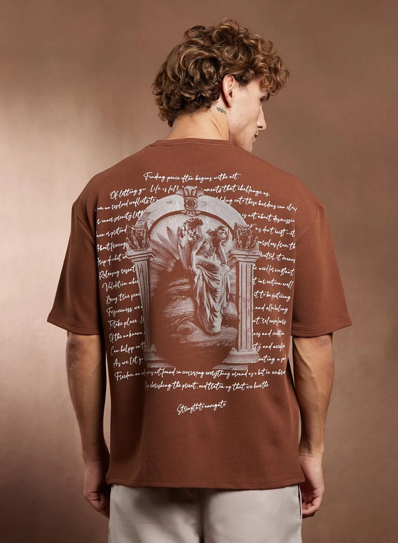 Campus Sutra Campus Sutra Men's Mocha Brown Boxy Mytho-Modernism T-Shirt For Casual Wear | Crew Neck | Short Regular Sleeves | Pull On Closure | T-Shirt Crafted With Comfort Fit For Everyday Wear