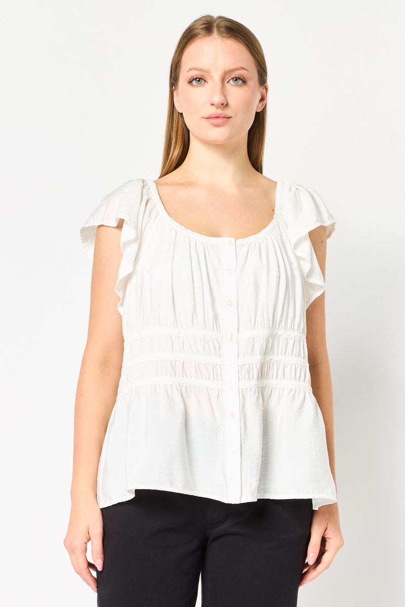 GAP Women Scoop Neck Solid Flutter Sleeve Top, Off White - Image 1