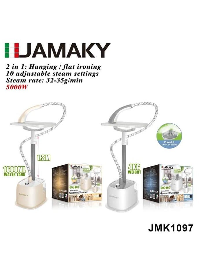 Jamaky Italy جهاز كي بخار من جاماكي عمودية للملابس بقدرة 5000 واط،  2ف1بـ3 تروس قابلة للتعديل مع جهاز كي بخار بصرية سعة خزان المياه 1600ملي لوح كي مجاني وقفازات مضادة للحروق وفرشاة وشماعة 1.3متر-موديل JMK1097  - Image 2