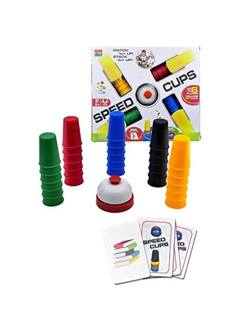 Classic Speed Cup Game for Kids - Interactive Stacking Cups Game with 24 Picture Cards, 30 Cups (6 Sets of 5 Colors Each) - Includes Bell & Instructions