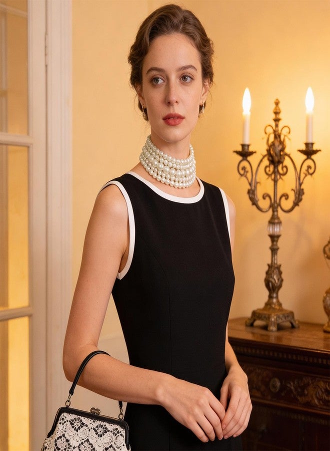 Yolev 5 Layers Boho Round Imitation Pearl Choker Necklace Vintage Multi Strands Pearl Collar Pearl Choker Necklaces for Women Bridal Wedding 20s Flapper Themed Party - Image 5