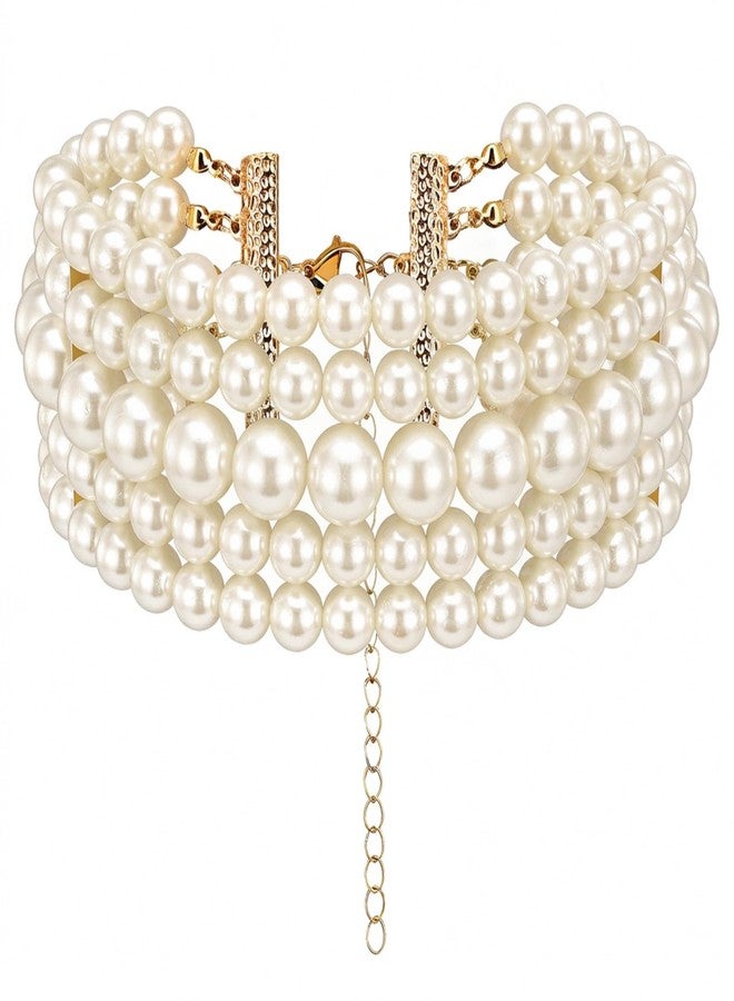 Yolev 5 Layers Boho Round Imitation Pearl Choker Necklace Vintage Multi Strands Pearl Collar Pearl Choker Necklaces for Women Bridal Wedding 20s Flapper Themed Party - Image 1