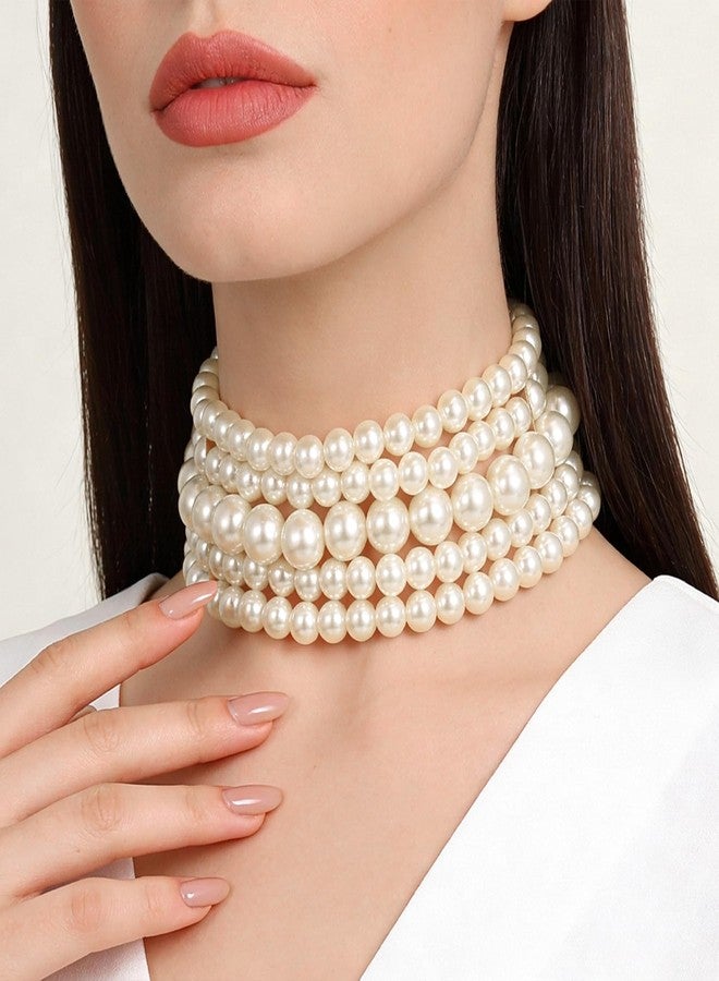 Yolev 5 Layers Boho Round Imitation Pearl Choker Necklace Vintage Multi Strands Pearl Collar Pearl Choker Necklaces for Women Bridal Wedding 20s Flapper Themed Party - Image 2