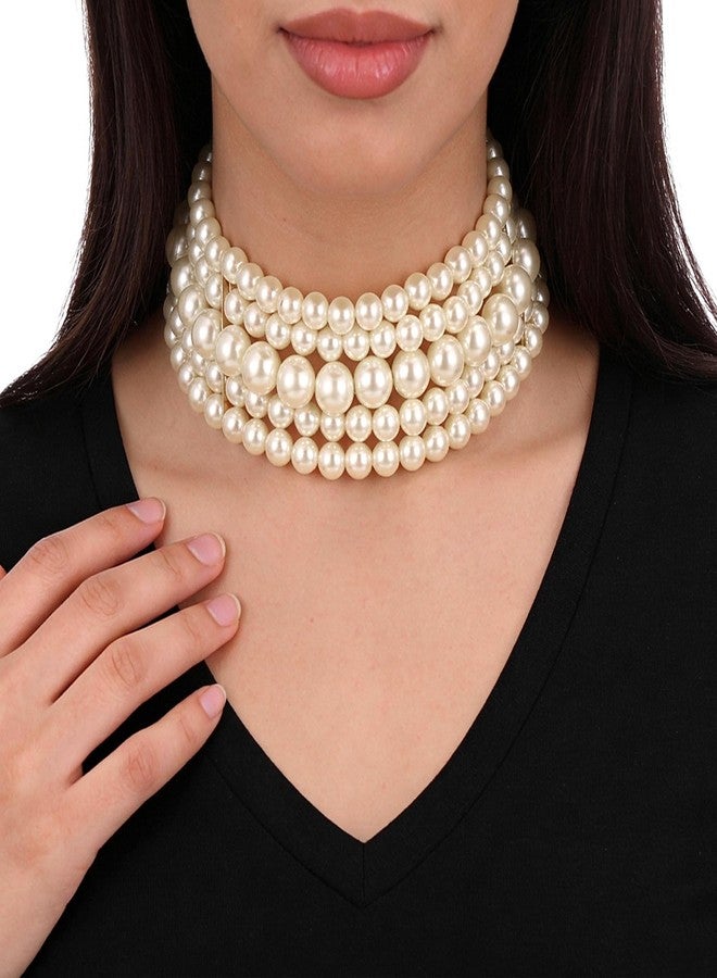 Yolev 5 Layers Boho Round Imitation Pearl Choker Necklace Vintage Multi Strands Pearl Collar Pearl Choker Necklaces for Women Bridal Wedding 20s Flapper Themed Party - Image 4