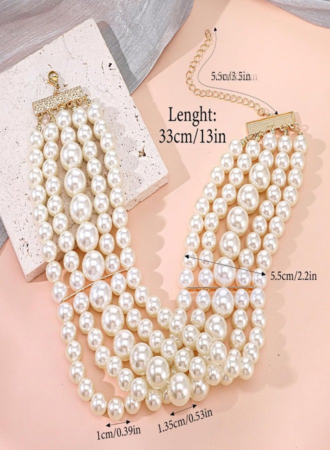 Yolev 5 Layers Boho Round Imitation Pearl Choker Necklace Vintage Multi Strands Pearl Collar Pearl Choker Necklaces for Women Bridal Wedding 20s Flapper Themed Party - Image 3