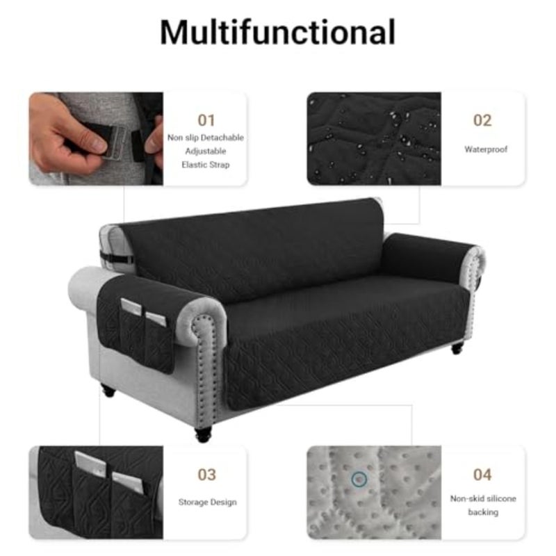 LIWEGHT Sofa Covers Waterproof Couch Cover Non-Slip Quilted Sofa Slipcover for Dogs Furniture Protector Cover for Pets with Adjustable Strap Washable Black, 168×56cm - Image 5