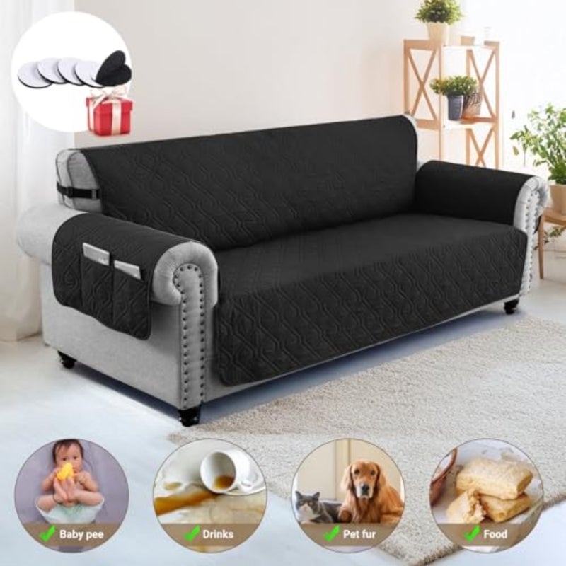 LIWEGHT Sofa Covers Waterproof Couch Cover Non-Slip Quilted Sofa Slipcover for Dogs Furniture Protector Cover for Pets with Adjustable Strap Washable Black, 168×56cm - Image 2