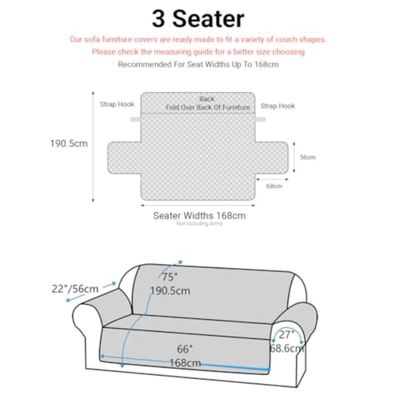 LIWEGHT Sofa Covers Waterproof Couch Cover Non-Slip Quilted Sofa Slipcover for Dogs Furniture Protector Cover for Pets with Adjustable Strap Washable Black, 168×56cm - Image 3