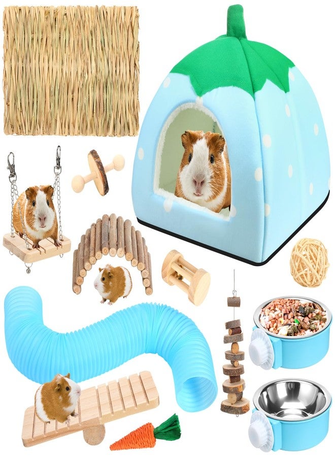 Youyole 13 Pcs Guinea Pig Starter Kit Hamster Toys Bed Guinea Pig Cage Accessories with Tunnel Grass Mats Pet Food Bowl for Christmas Chinchillas Hedgehogs Ferrets Rabbit Hideout Essentials(Blue) - Image 1