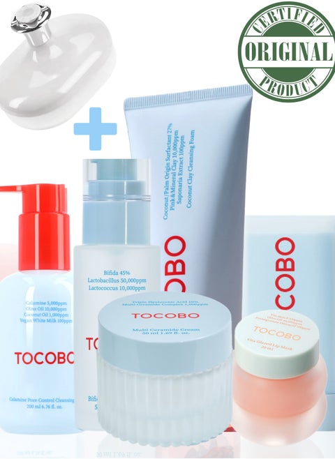 Tocobo Pore Cleansing Oil 200ml, Soft Sun Stick, Coconut Cleansing Foam 150ml, Vita Glazed Lip Mask & Face Scrubber | Complete Skincare Set for Deep Cleansing, Sun Protection, and Hydration