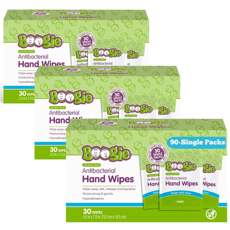 Boogie Antibacterial Hand Wipes by , Alcohol Free, Hypoallergenic and Moisturizing Aloe, Hand Wipes for Kids and Adults, Single Packs, 30 Wipes (Pack of 3) - Image 1
