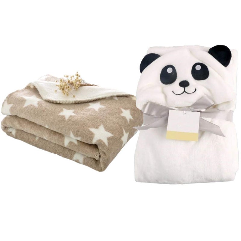 BRANDONN Supersoft Hooded and Printed Baby Fleece Blanket and Baby Bath Towel Beige and White, Pack of 2 - Image 1