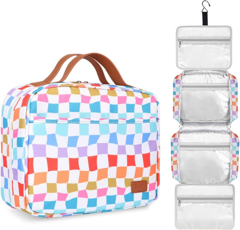 Travel Toiletry Bag for Women, Having Toiletry Bag with Hook Pastel Checkered Makeup Bag for Travel Size Toiletries, Cosmetics, Travel Must Haves for Traveling Women