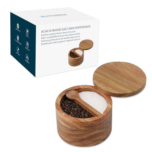 KITCHENDAO Acacia Wood Salt and Pepper Bowl Box Builtin Spoon Two Compartments Spice Seasoning Container Sea Salt Cellar Holder Magnetic Swivel Lid Dual 5oz Capacity