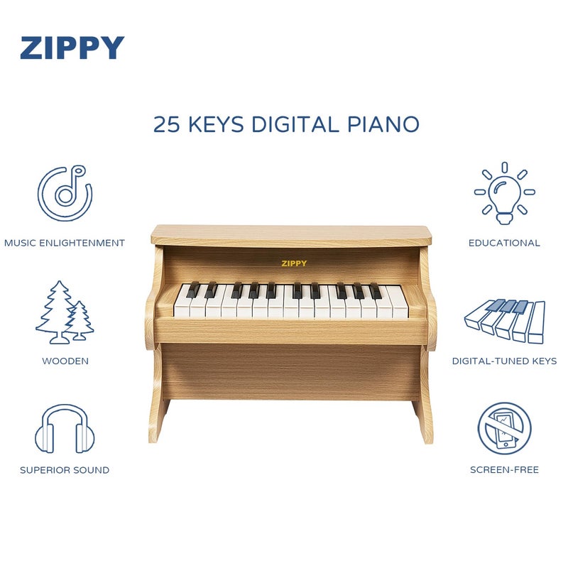 ZIPPY Kids Piano Keyboard, 25 Keys Digital Piano for Kids, Mini Music Educational Instrument Toy, Wood Toy for Toddlers Girls Boys (Oak) - Image 2