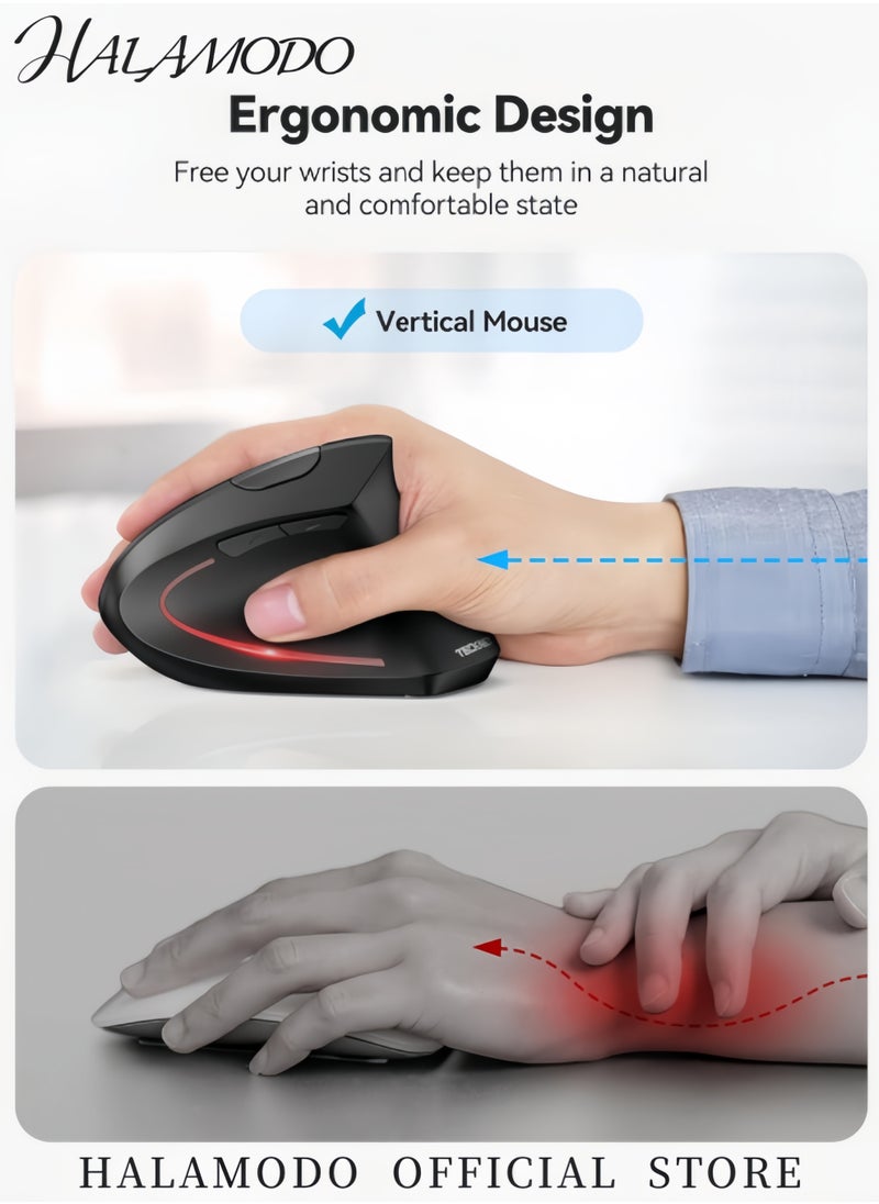 HALAMODO Ergonomic Mouse, Rechargeable Bluetooth Wireless Vertical Mouse, Connect 2 Devices Simultaneously, Silent Carpal Tunnel Mouse for Laptop, PC, MacBook, iPad  - Image 4