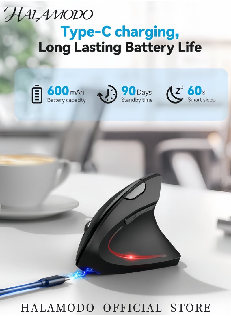 HALAMODO Ergonomic Mouse, Rechargeable Bluetooth Wireless Vertical Mouse, Connect 2 Devices Simultaneously, Silent Carpal Tunnel Mouse for Laptop, PC, MacBook, iPad  - Image 3