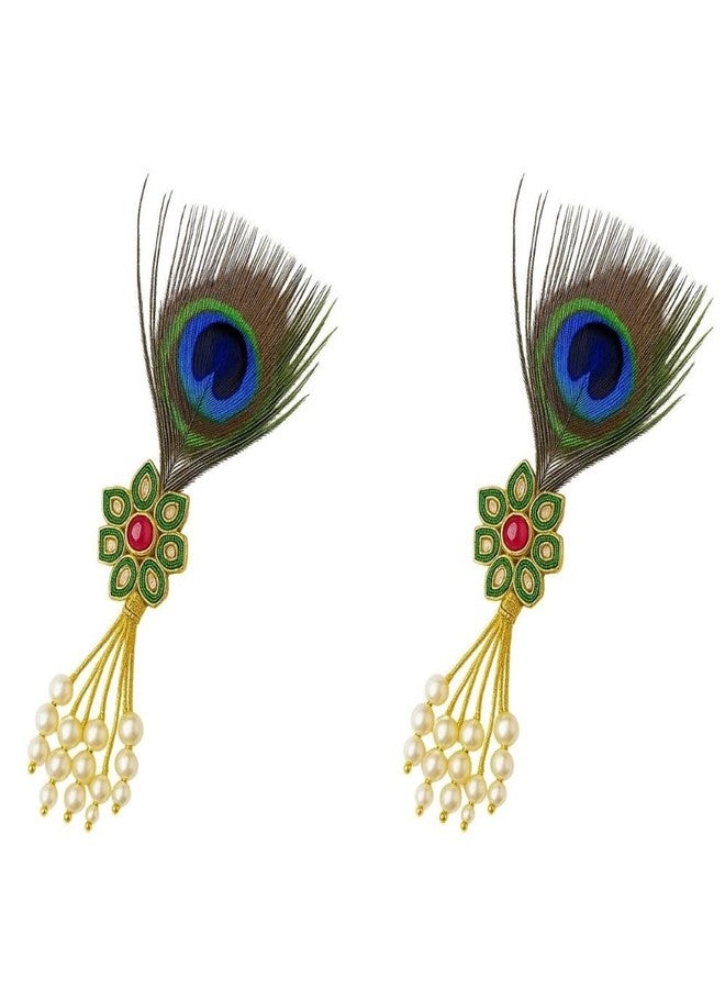 Fiable Collection Traditional Peacock Feather Brooch with Pearls & Golden Design - Ethnic Hair Accessory, Pooja & Festive Décor, Pack of 2 - Image 1