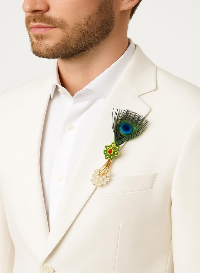 Fiable Collection Traditional Peacock Feather Brooch with Pearls & Golden Design - Ethnic Hair Accessory, Pooja & Festive Décor, Pack of 2 - Image 4