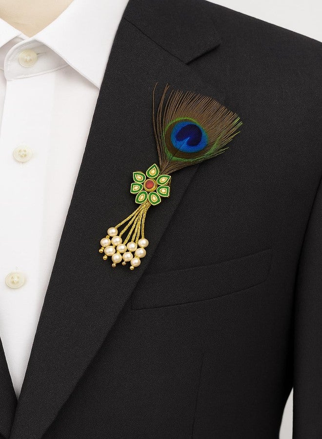 Fiable Collection Traditional Peacock Feather Brooch with Pearls & Golden Design - Ethnic Hair Accessory, Pooja & Festive Décor, Pack of 2 - Image 3