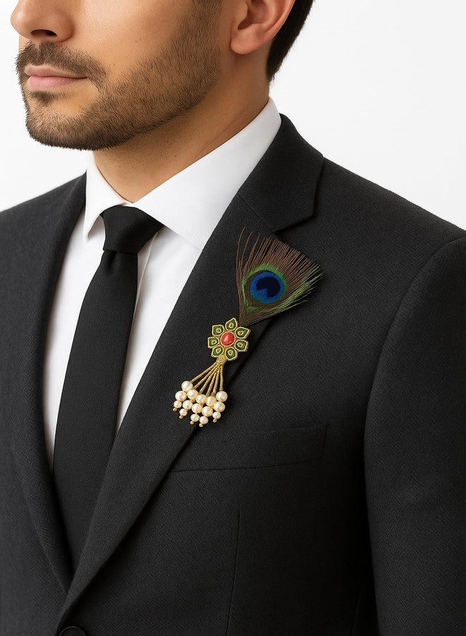 Fiable Collection Traditional Peacock Feather Brooch with Pearls & Golden Design - Ethnic Hair Accessory, Pooja & Festive Décor, Pack of 2 - Image 5