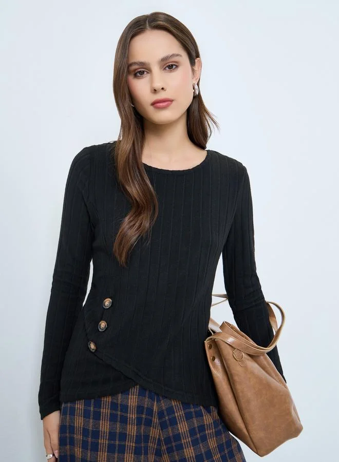 Take Two Black Ribbed Knit Top with Button Detail