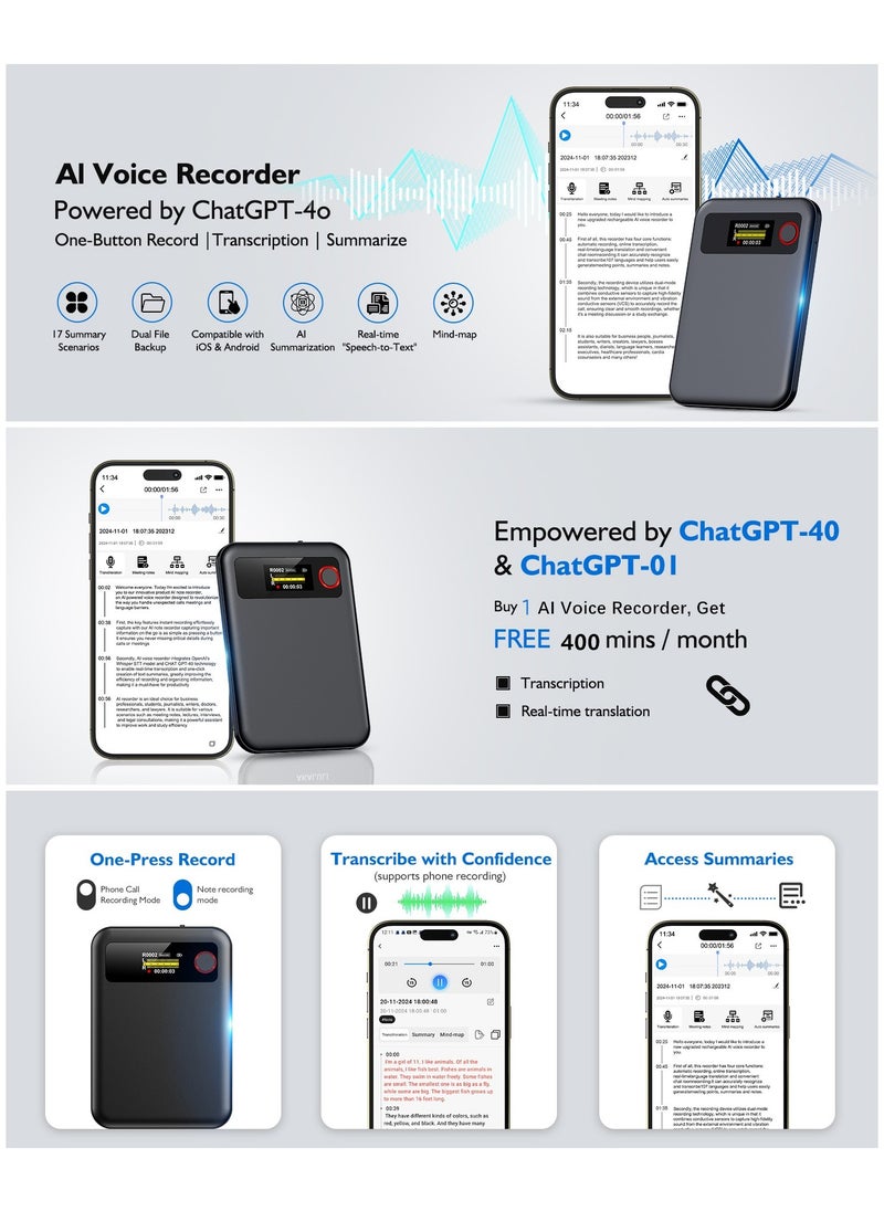 KADIP - AI Voice Recorder with Transcription Summarize - Magnetic Note Audio Recording Device with Playback for Phone Calls Lectures Meetings Interviews, APP Control Support 104 Languages Noise Reduction 64GB Memory - Image 1