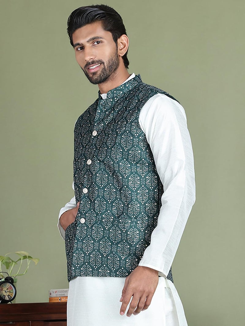 Jompers Men's Printed Nehru Jacket in Silk Blend - Image 3