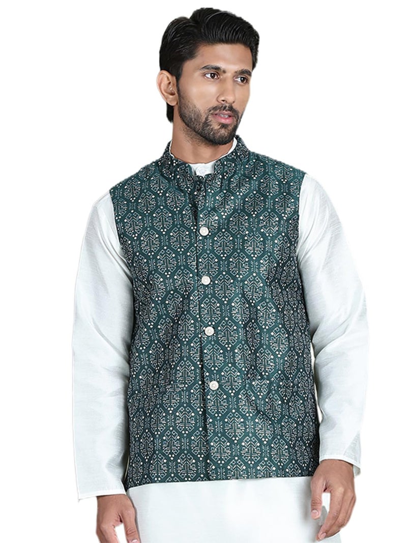 Jompers Men's Printed Nehru Jacket in Silk Blend - Image 1