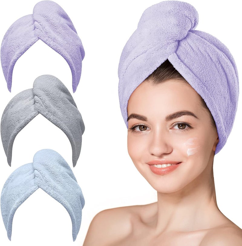 Hicober Microfiber Towel, 3 Packs Hair Turbans for Wet Hair, Drying Hair Wrap for Curly Hair Women Anti Frizz(Purple,Blue,Grey) - Image 1