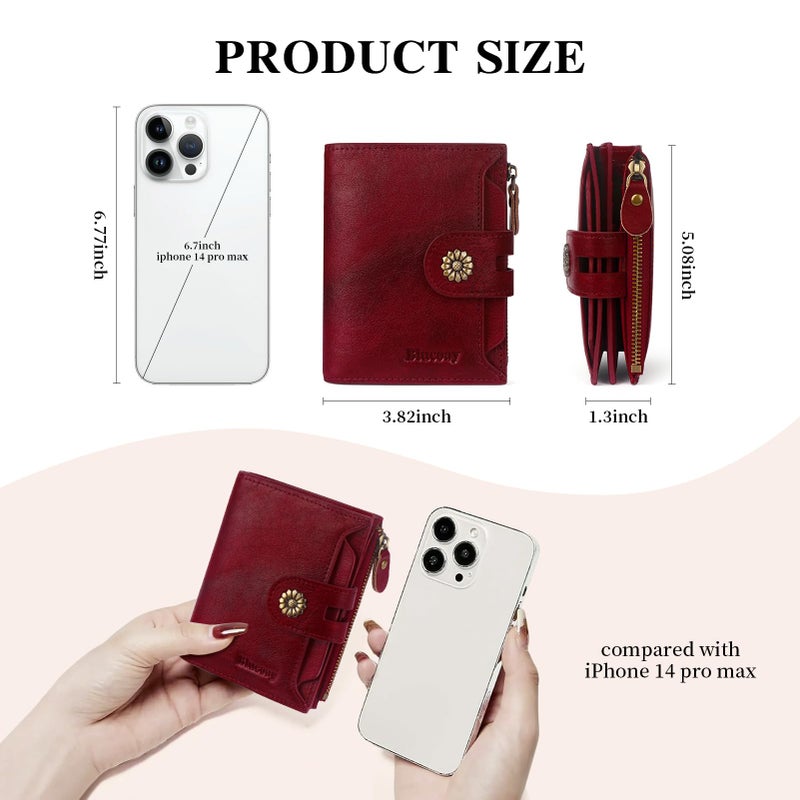 Blucoay Wallet Women,RFID Blocking Real Leather Womens Wallet Bifold Compact Card Holder Small Wallet for Women with Removable ID Window Red - Image 4