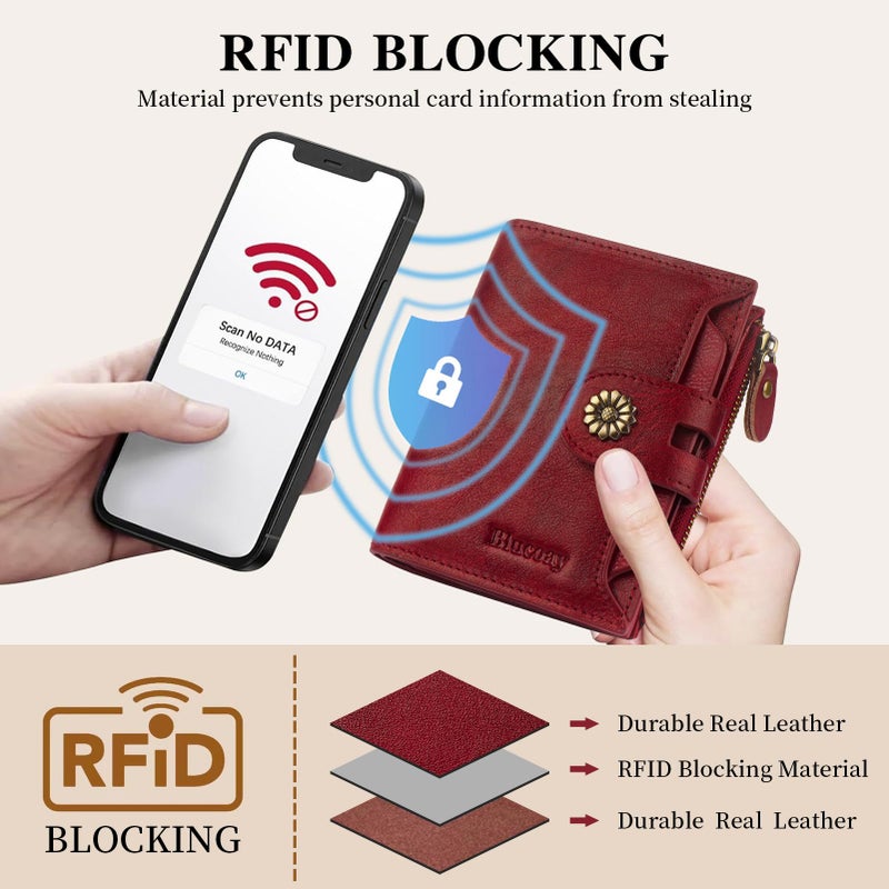 Blucoay Wallet Women,RFID Blocking Real Leather Womens Wallet Bifold Compact Card Holder Small Wallet for Women with Removable ID Window Red - Image 5