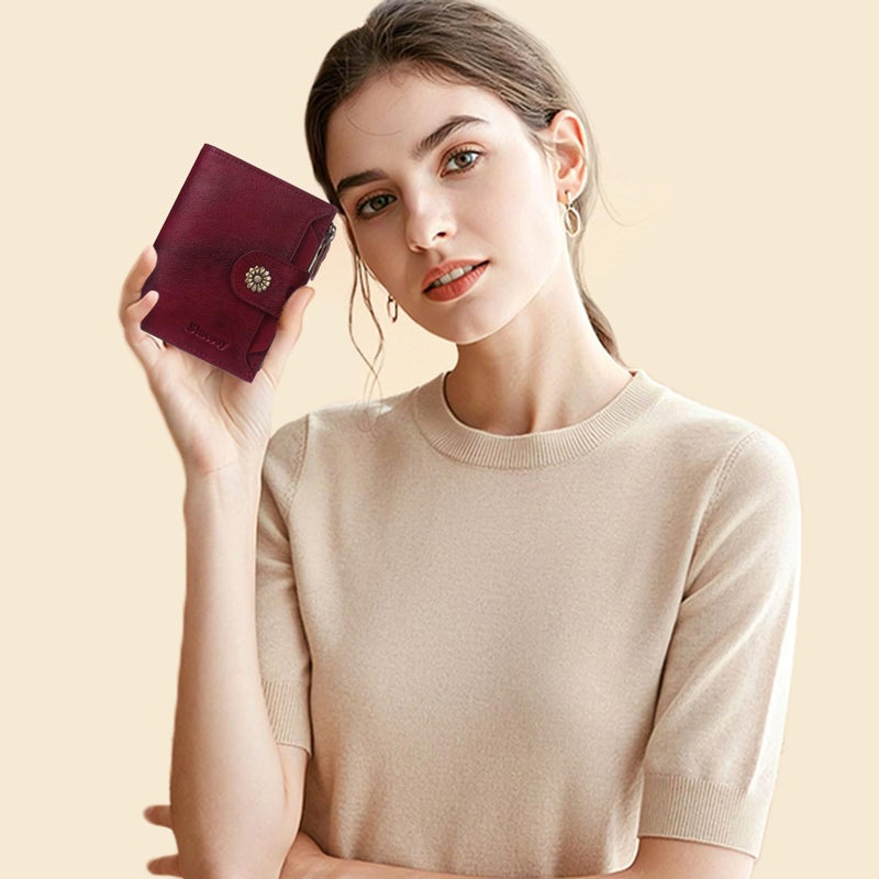 Blucoay Wallet Women,RFID Blocking Real Leather Womens Wallet Bifold Compact Card Holder Small Wallet for Women with Removable ID Window Red - Image 2