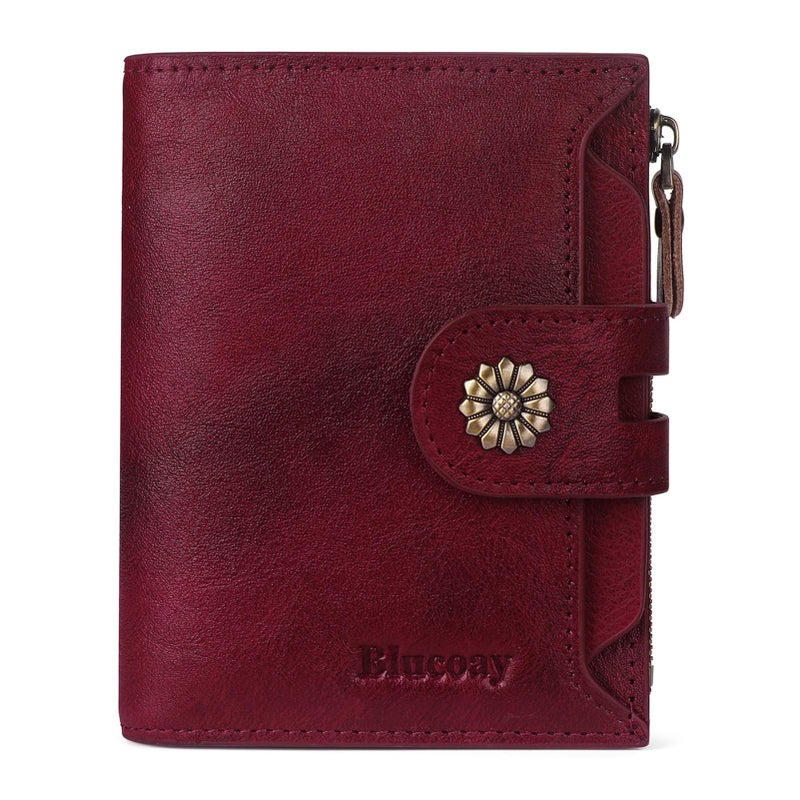 Blucoay Wallet Women,RFID Blocking Real Leather Womens Wallet Bifold Compact Card Holder Small Wallet for Women with Removable ID Window Red - Image 1